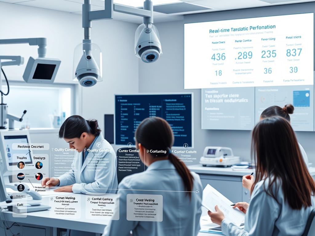 A professional laboratory setting with state-of-the-art medical equipment and data analysis software, illuminated by soft, diffused lighting. In the foreground, a team of medical translators meticulously reviewing and proofreading translated documents, ensuring accuracy and consistency. The middle ground features a detailed workflow diagram outlining the quality control process, with various checkpoints and feedback loops. In the background, a large display showcases real-time translation performance metrics, highlighting the rigorous standards maintained throughout the translation pipeline. The overall atmosphere conveys a sense of diligence, precision, and a commitment to delivering high-quality medical translations. A professional laboratory setting with state-of-the-art medical equipment and data analysis software, illuminated by soft, diffused lighting. In the foreground, a team of medical translators meticulously reviewing and proofreading translated documents, ensuring accuracy and consistency. The middle ground features a detailed workflow diagram outlining the quality control process, with various checkpoints and feedback loops. In the background, a large display showcases real-time translation performance metrics, highlighting the rigorous standards maintained throughout the translation pipeline. The overall atmosphere conveys a sense of diligence, precision, and a commitment to delivering high-quality medical translations.