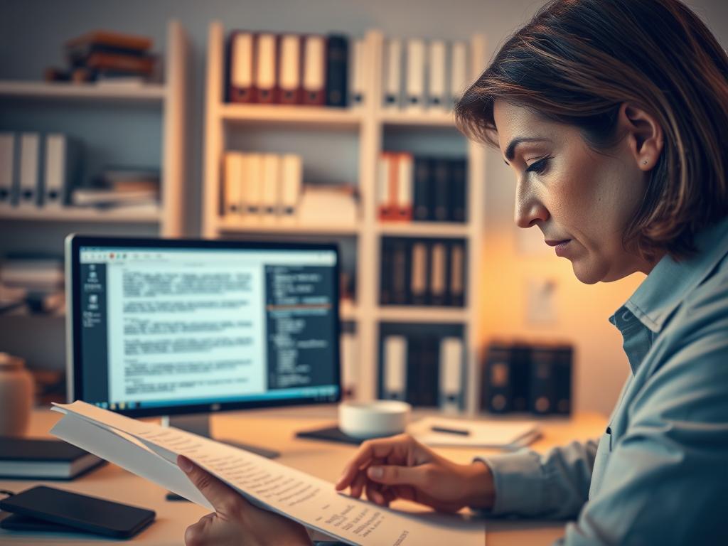 A professional legal document translation workflow unfolds in a well-lit, organized office. In the foreground, a translator meticulously reviews legal documents, their brow furrowed in concentration. In the middle ground, a computer screen displays the translation process, with multilingual text and specialized software tools. In the background, shelves of reference materials and legal dictionaries hint at the depth of knowledge required. Soft, warm lighting casts a professional, serious atmosphere, while the clean, minimalist decor conveys efficiency and attention to detail. The overall scene captures the care, expertise, and technical prowess involved in the precise translation of critical legal documents. A professional legal document translation workflow unfolds in a well-lit, organized office. In the foreground, a translator meticulously reviews legal documents, their brow furrowed in concentration. In the middle ground, a computer screen displays the translation process, with multilingual text and specialized software tools. In the background, shelves of reference materials and legal dictionaries hint at the depth of knowledge required. Soft, warm lighting casts a professional, serious atmosphere, while the clean, minimalist decor conveys efficiency and attention to detail. The overall scene captures the care, expertise, and technical prowess involved in the precise translation of critical legal documents.