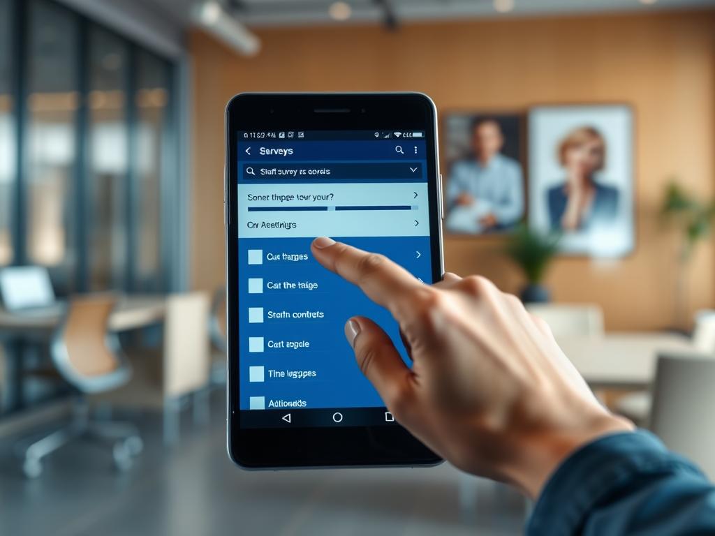 A professional, polished image of a survey or questionnaire screen, displayed on a modern mobile device. The foreground shows the survey interface with various question types, selection options, and a progress bar. The middle ground features a hand interacting with the screen, conveying an interactive experience. The background showcases a blurred, warm-toned office setting, with desks, chairs, and a hint of wall decor, suggesting a business or workplace context. The lighting is soft and diffused, creating a pleasant, inviting atmosphere. The overall composition and perspective give the impression of an intuitive, user-friendly survey platform.