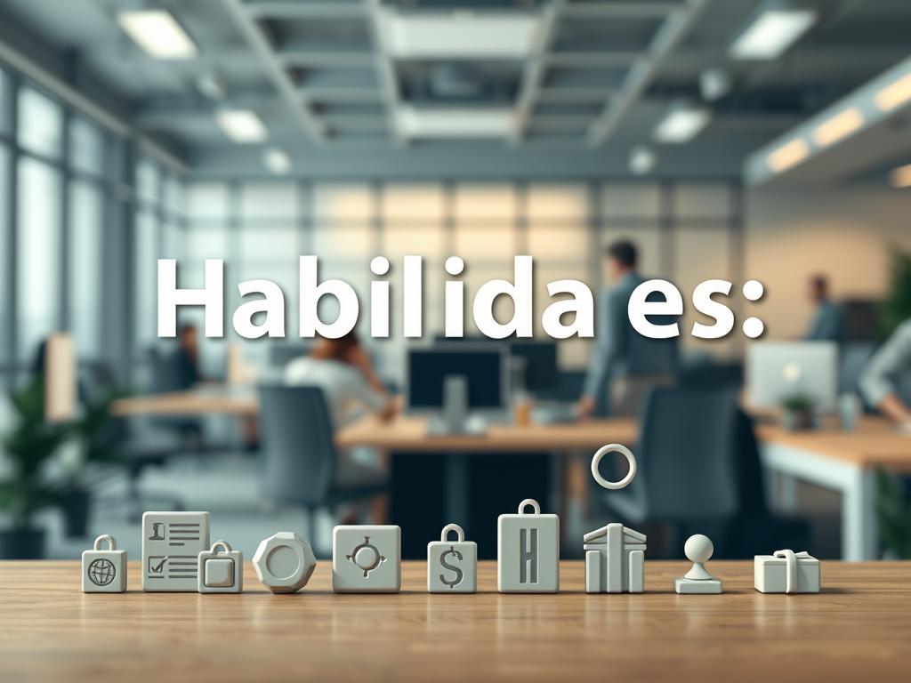 A professional, sleek, and modern illustration of "habilidades" (skills) for a business English tutoring article. The foreground showcases a variety of icons representing essential business skills such as communication, leadership, problem-solving, and teamwork, all rendered in a clean vector style with subtle 3D depth. The middle ground features a blurred backdrop of a busy office workspace, with a subtle grid pattern hinting at the structure and organization of professional environments. The lighting is soft and directional, casting subtle shadows to add depth and dimensionality. The overall color palette is muted and sophisticated, conveying a sense of competence and expertise. A professional, sleek, and modern illustration of "habilidades" (skills) for a business English tutoring article. The foreground showcases a variety of icons representing essential business skills such as communication, leadership, problem-solving, and teamwork, all rendered in a clean vector style with subtle 3D depth. The middle ground features a blurred backdrop of a busy office workspace, with a subtle grid pattern hinting at the structure and organization of professional environments. The lighting is soft and directional, casting subtle shadows to add depth and dimensionality. The overall color palette is muted and sophisticated, conveying a sense of competence and expertise.