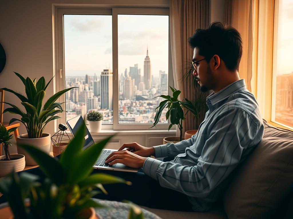 A remote work scene featuring a LATAM professional in a comfortable home office. The foreground shows a person typing on a laptop, surrounded by plants and minimalist decor. The middle ground depicts a window overlooking a vibrant city skyline, with a glimpse of the bustling urban landscape. The background showcases a warm, natural lighting that creates a cozy, productive atmosphere. The image conveys a sense of efficiency, creativity, and cultural diversity, reflecting the high-quality work and competitive cost advantages of LATAM talent. A remote work scene featuring a LATAM professional in a comfortable home office. The foreground shows a person typing on a laptop, surrounded by plants and minimalist decor. The middle ground depicts a window overlooking a vibrant city skyline, with a glimpse of the bustling urban landscape. The background showcases a warm, natural lighting that creates a cozy, productive atmosphere. The image conveys a sense of efficiency, creativity, and cultural diversity, reflecting the high-quality work and competitive cost advantages of LATAM talent.