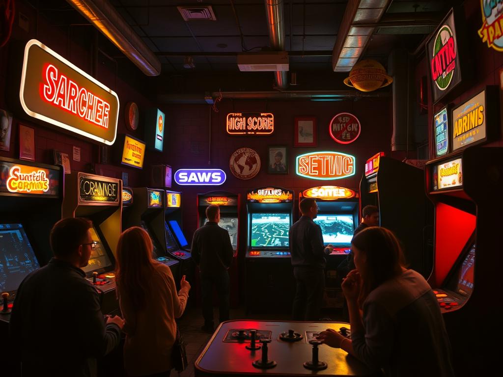 A retro-style video game scene set in a dimly lit arcade, featuring an array of classic arcade cabinets and neon-lit signage. The foreground showcases a group of players engrossed in a multiplayer session, their faces illuminated by the glow of the screens. The middle ground includes a mix of vintage gaming memorabilia, such as joysticks, controllers, and high-score leaderboards. The background depicts the shadowy silhouettes of other patrons exploring the arcade, creating a sense of bustling activity and discovery. The overall atmosphere is one of nostalgia, with a subtle emphasis on the strategies and keywords that can help streamers connect with their audience and grow their retro gaming community on Twitch. A retro-style video game scene set in a dimly lit arcade, featuring an array of classic arcade cabinets and neon-lit signage. The foreground showcases a group of players engrossed in a multiplayer session, their faces illuminated by the glow of the screens. The middle ground includes a mix of vintage gaming memorabilia, such as joysticks, controllers, and high-score leaderboards. The background depicts the shadowy silhouettes of other patrons exploring the arcade, creating a sense of bustling activity and discovery. The overall atmosphere is one of nostalgia, with a subtle emphasis on the strategies and keywords that can help streamers connect with their audience and grow their retro gaming community on Twitch.