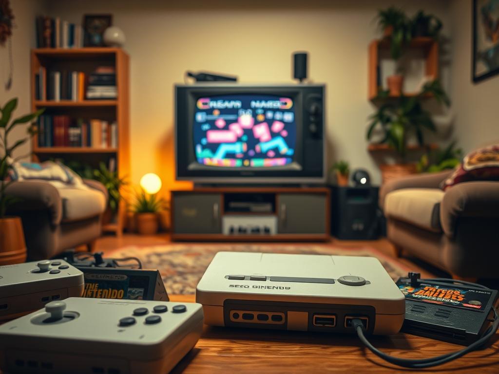 A retro video game scene set in a cozy home environment. The foreground depicts an old-school gaming console, like a Super Nintendo or Sega Genesis, with an array of classic game cartridges scattered around. Soft, warm lighting illuminates the setup, creating a nostalgic atmosphere. In the middle ground, a vintage television displays pixelated, 8-bit graphics, immersing the viewer in a bygone era of gaming. The background features bookshelves, potted plants, and other subtle details that evoke a comfortable, lived-in living room. The overall composition conveys the joy and nostalgia of retro gaming, perfect for illustrating a section on streaming classic video games on Twitch. A retro video game scene set in a cozy home environment. The foreground depicts an old-school gaming console, like a Super Nintendo or Sega Genesis, with an array of classic game cartridges scattered around. Soft, warm lighting illuminates the setup, creating a nostalgic atmosphere. In the middle ground, a vintage television displays pixelated, 8-bit graphics, immersing the viewer in a bygone era of gaming. The background features bookshelves, potted plants, and other subtle details that evoke a comfortable, lived-in living room. The overall composition conveys the joy and nostalgia of retro gaming, perfect for illustrating a section on streaming classic video games on Twitch.