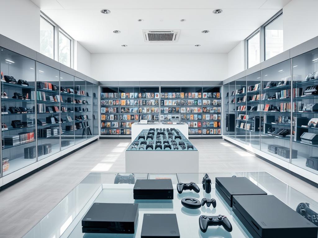 A secure, well-lit retail platform with modern, minimalist design. The foreground features a clean, uncluttered display of various game consoles and accessories, meticulously arranged to showcase their quality. In the middle ground, sleek, tempered glass showcases protect the valuable used game inventory, ensuring a sense of professionalism and trust. The background depicts a bright, airy space with natural lighting filtering through large windows, creating a serene, welcoming atmosphere. The overall scene conveys a sense of reliability, transparency, and attention to detail - qualities crucial for a confident, legal used game transaction. A secure, well-lit retail platform with modern, minimalist design. The foreground features a clean, uncluttered display of various game consoles and accessories, meticulously arranged to showcase their quality. In the middle ground, sleek, tempered glass showcases protect the valuable used game inventory, ensuring a sense of professionalism and trust. The background depicts a bright, airy space with natural lighting filtering through large windows, creating a serene, welcoming atmosphere. The overall scene conveys a sense of reliability, transparency, and attention to detail - qualities crucial for a confident, legal used game transaction.