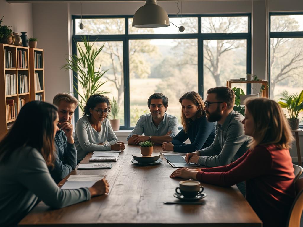 A serene community gathering, with people engaged in thoughtful discussion and collaborative problem-solving. The foreground depicts a diverse group of individuals seated around a large, wooden table, their faces reflecting deep concentration and a sense of purpose. Soft, warm lighting illuminates the scene, casting a cozy glow and creating a sense of trust and openness. In the middle ground, bookcases and potted plants suggest a welcoming, intellectual atmosphere, while the background features large windows overlooking a tranquil, tree-lined landscape, emphasizing the importance of balance and moderation in community management. The overall atmosphere conveys a well-organized, thoughtful, and harmonious approach to online community moderation. A serene community gathering, with people engaged in thoughtful discussion and collaborative problem-solving. The foreground depicts a diverse group of individuals seated around a large, wooden table, their faces reflecting deep concentration and a sense of purpose. Soft, warm lighting illuminates the scene, casting a cozy glow and creating a sense of trust and openness. In the middle ground, bookcases and potted plants suggest a welcoming, intellectual atmosphere, while the background features large windows overlooking a tranquil, tree-lined landscape, emphasizing the importance of balance and moderation in community management. The overall atmosphere conveys a well-organized, thoughtful, and harmonious approach to online community moderation.