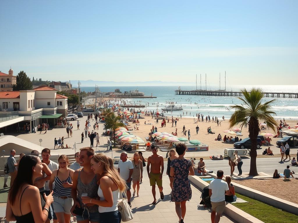 A serene seaside town of Mar Plata, Argentina, with sun-drenched plazas, lively cafes, and a bustling beachfront promenade. In the foreground, young friends and families gather, laughing and enjoying the warm, salty air. The middle ground showcases colorful umbrellas, towels, and beachgoers frolicking in the gentle waves. In the background, the horizon is dotted with sailboats and a picturesque pier, framed by a cloudless sky and the distant Sierras. The scene exudes a carefree, summery atmosphere, perfect for a relaxing vacation getaway.