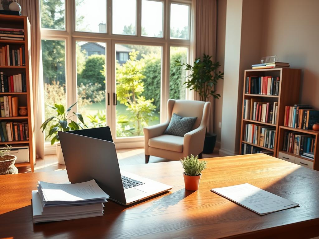 A serene, sun-drenched scene of a well-organized home office. In the foreground, a wooden desk with a laptop, a stack of papers, and a small potted plant. In the middle ground, a cozy armchair and a bookshelf filled with inspiring titles. In the background, a large window overlooking a lush garden, with warm natural light filtering in. The overall atmosphere is one of productivity, comfort, and a sense of financial security. Captured with a wide-angle lens to emphasize the spaciousness and tranquility of the space.