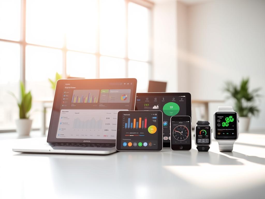 A serene, sunlit scene of various digital platforms and interfaces, seamlessly intertwined to create a cohesive user experience. In the foreground, a sleek, modern laptop displays an interactive dashboard, its screen reflecting the natural light flooding in from the large windows behind. Arranged in the middle ground, a tablet, a smartphone, and a smartwatch showcase complementary applications, their screens illuminated with vibrant, intuitive designs. The background is dominated by a minimalist, yet sophisticated office setting, with clean lines, neutral tones, and subtle hints of greenery, creating a calming, productive atmosphere. The overall composition conveys a sense of efficiency, connectivity, and the harmonious integration of technology into everyday workflows. A serene, sunlit scene of various digital platforms and interfaces, seamlessly intertwined to create a cohesive user experience. In the foreground, a sleek, modern laptop displays an interactive dashboard, its screen reflecting the natural light flooding in from the large windows behind. Arranged in the middle ground, a tablet, a smartphone, and a smartwatch showcase complementary applications, their screens illuminated with vibrant, intuitive designs. The background is dominated by a minimalist, yet sophisticated office setting, with clean lines, neutral tones, and subtle hints of greenery, creating a calming, productive atmosphere. The overall composition conveys a sense of efficiency, connectivity, and the harmonious integration of technology into everyday workflows.