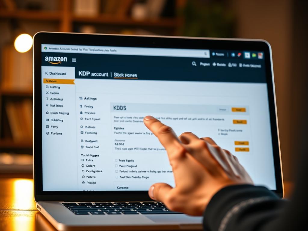 A sleek and modern laptop display showcasing the Amazon KDP dashboard, its clean interface bathed in a warm, soft lighting. In the foreground, a hand gracefully interacts with the trackpad, navigating through the account settings and configuration options. The background is subtly blurred, focusing the viewer's attention on the screen and the intuitive user experience. The overall mood is one of professionalism, efficiency, and the empowering sense of taking control of one's ebook publishing journey on the Kindle platform.