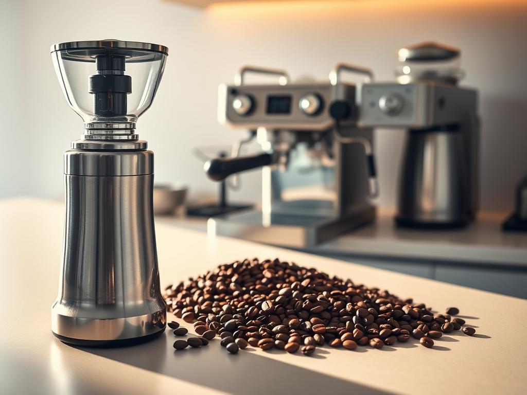 A sleek, modern kitchen counter with an array of coffee brewing equipment prominently displayed. In the foreground, a professional-grade coffee grinder, its chrome body gleaming under warm, diffuse lighting. Behind it, a state-of-the-art espresso machine, its sleek lines and polished stainless steel evoking a sense of precision and craftsmanship. In the middle ground, a selection of coffee beans, freshly roasted, their rich, aromatic hues contrasting against the clean, minimalist backdrop. The scene is bathed in a soft, natural light that casts gentle shadows, creating a serene, inviting atmosphere perfect for exploring the art of artisanal coffee preparation. A sleek, modern kitchen counter with an array of coffee brewing equipment prominently displayed. In the foreground, a professional-grade coffee grinder, its chrome body gleaming under warm, diffuse lighting. Behind it, a state-of-the-art espresso machine, its sleek lines and polished stainless steel evoking a sense of precision and craftsmanship. In the middle ground, a selection of coffee beans, freshly roasted, their rich, aromatic hues contrasting against the clean, minimalist backdrop. The scene is bathed in a soft, natural light that casts gentle shadows, creating a serene, inviting atmosphere perfect for exploring the art of artisanal coffee preparation.