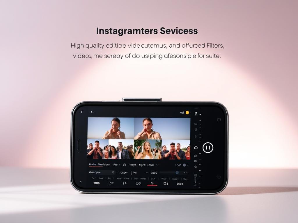 A sleek, modern mobile application interface showcasing a suite of intuitive video editing tools for Instagram creators. The foreground features a smartphone display with a user-friendly timeline, color grading controls, and advanced filters. The middle ground highlights high-quality video thumbnails and a dynamic interface with crisp typography. The background is a minimalist, gradient-based setting with subtle highlights, conveying a professional, sophisticated atmosphere tailored for the needs of social media influencers. Detailed, realistic lighting and a slightly high-angle perspective create a visually compelling and aspirational representation of the mobile app.