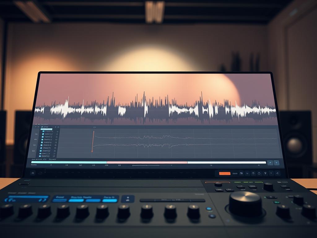 A sleek, modern online audio editor with a clean, intuitive interface. The foreground features the main editing controls - a waveform display, playback timeline, and various audio processing tools. The middle ground showcases a graphical representation of the audio waves, with dynamic visualization of the sound. In the background, a minimalist workspace with soft lighting casts a warm, productive atmosphere. The scene evokes a sense of efficiency and professionalism, suitable for fast-paced podcast editing.