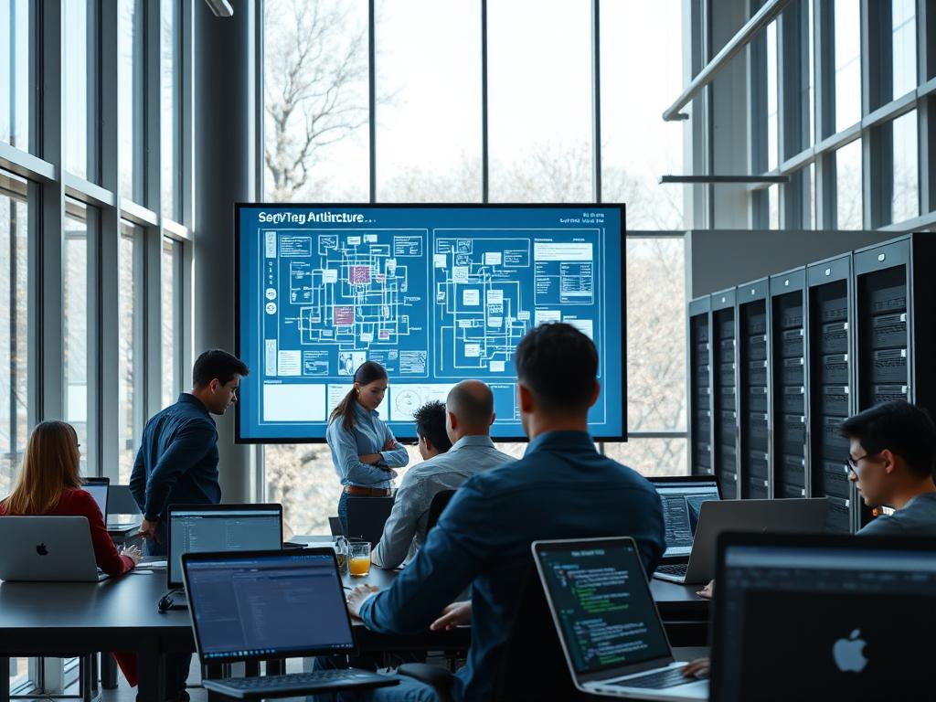 A sleek, modern software development office with floor-to-ceiling windows, flooding the space with natural light. In the foreground, a team of engineers collaborating on a complex software architecture diagram projected on a large touchscreen display. Mid-ground, programmers working intently on their laptops, lines of code reflected in their focused expressions. In the background, a server rack hums quietly, symbolizing the powerful automation and optimization capabilities powering the software solutions. The atmosphere is one of innovation, efficiency, and a seamless integration of human and machine intelligence. A sleek, modern software development office with floor-to-ceiling windows, flooding the space with natural light. In the foreground, a team of engineers collaborating on a complex software architecture diagram projected on a large touchscreen display. Mid-ground, programmers working intently on their laptops, lines of code reflected in their focused expressions. In the background, a server rack hums quietly, symbolizing the powerful automation and optimization capabilities powering the software solutions. The atmosphere is one of innovation, efficiency, and a seamless integration of human and machine intelligence.