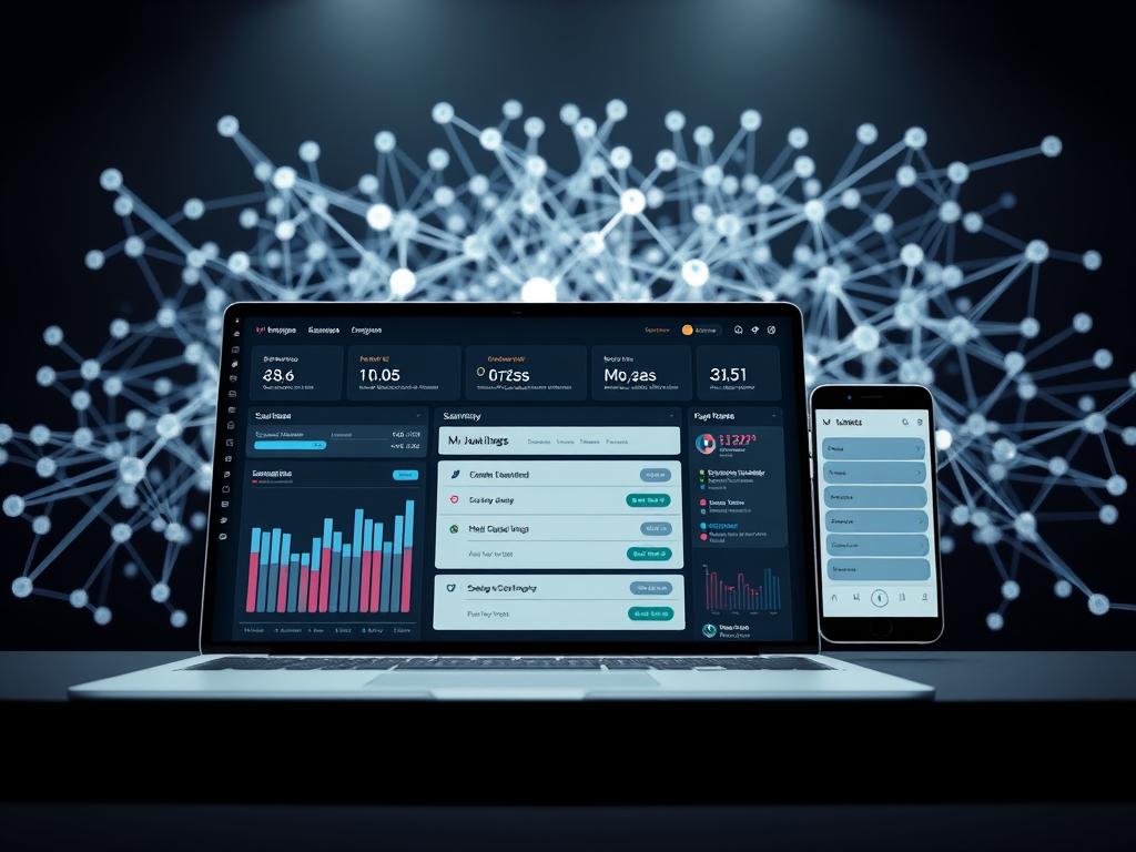A sleek, modern web interface with a professional, analytical aesthetic. The foreground features a clean, minimalist dashboard display with intuitive data visualization tools and interactive UI elements. The middle ground showcases a responsive, mobile-friendly survey form with a streamlined design and user-friendly questionnaire flow. In the background, a complex network of interconnected nodes and data streams represents the powerful analytics engine powering the platform. Lighting is soft and diffuse, creating a sense of clarity and focus. The overall mood is one of efficiency, precision, and technological sophistication.