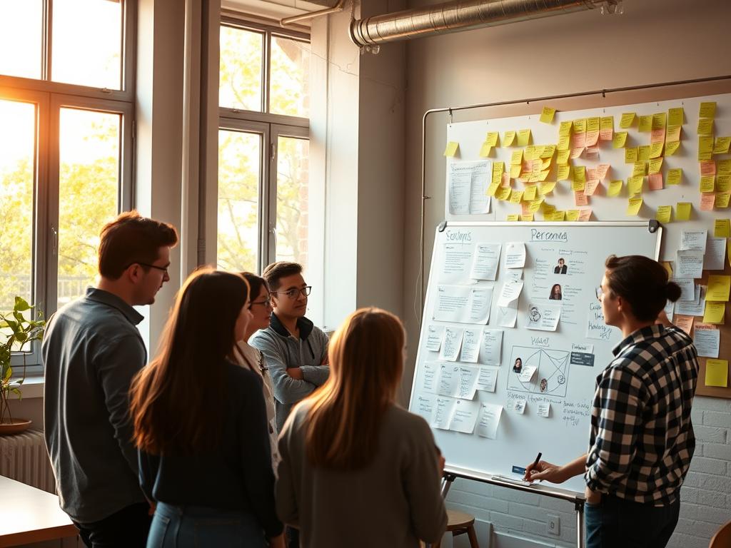 A small startup office, bathed in warm natural light filtering through large windows. In the foreground, a team of researchers engrossed in a user interview session, capturing insights on a whiteboard. The middle ground features a user persona board with detailed character profiles, while the background showcases a wall adorned with sticky notes and user journey maps - a visual representation of the startup's user-centric approach. The scene conveys a sense of collaborative discovery, with the researchers' focused expressions and the dynamic energy of the workspace. A small startup office, bathed in warm natural light filtering through large windows. In the foreground, a team of researchers engrossed in a user interview session, capturing insights on a whiteboard. The middle ground features a user persona board with detailed character profiles, while the background showcases a wall adorned with sticky notes and user journey maps - a visual representation of the startup's user-centric approach. The scene conveys a sense of collaborative discovery, with the researchers' focused expressions and the dynamic energy of the workspace.