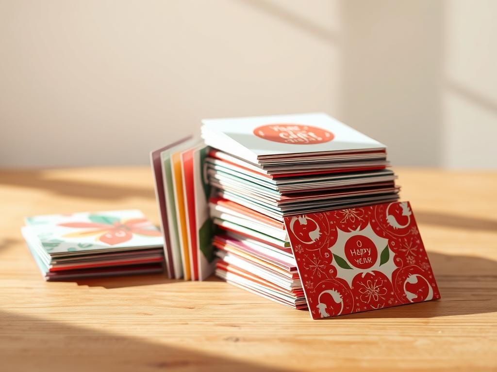 A stack of colorful gift cards in a warm, natural light setting. The cards are arranged on a wooden surface, with some leaning against each other to create depth and visual interest. The cards feature a variety of designs, including holiday themes, abstract patterns, and solid colors. The lighting is soft and diffused, creating gentle shadows and highlights that accentuate the texture and materiality of the cards. The overall mood is one of simplicity, elegance, and a sense of value and thoughtfulness associated with gift-giving. A stack of colorful gift cards in a warm, natural light setting. The cards are arranged on a wooden surface, with some leaning against each other to create depth and visual interest. The cards feature a variety of designs, including holiday themes, abstract patterns, and solid colors. The lighting is soft and diffused, creating gentle shadows and highlights that accentuate the texture and materiality of the cards. The overall mood is one of simplicity, elegance, and a sense of value and thoughtfulness associated with gift-giving.
