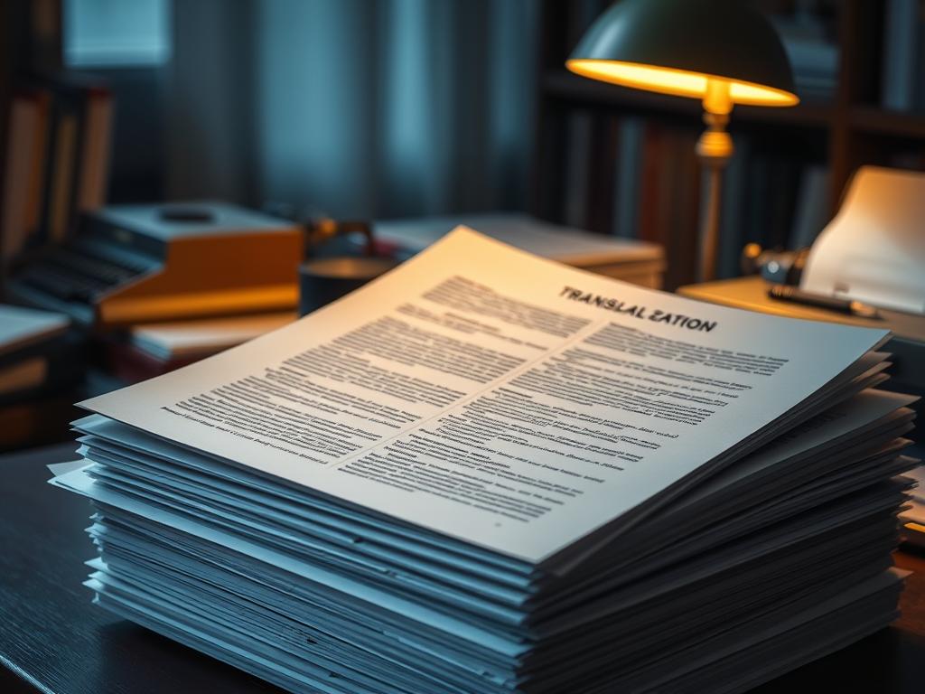 A stack of legal documents in a dimly lit office, the warm glow of a desk lamp casting soft shadows. Meticulously organized folders and a vintage typewriter hint at the meticulous translation process. The background is blurred, focusing the viewer's attention on the intricate details of the documents, each page a mosaic of text in multiple languages. The atmosphere is one of quiet concentration, the weight of legal translation palpable in the stillness of the scene. A stack of legal documents in a dimly lit office, the warm glow of a desk lamp casting soft shadows. Meticulously organized folders and a vintage typewriter hint at the meticulous translation process. The background is blurred, focusing the viewer's attention on the intricate details of the documents, each page a mosaic of text in multiple languages. The atmosphere is one of quiet concentration, the weight of legal translation palpable in the stillness of the scene.