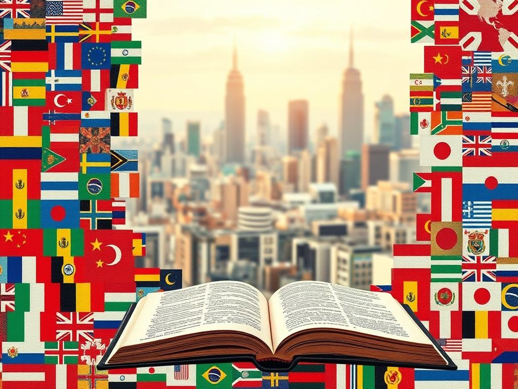 A vibrant and diverse collage of languages, representing the national coverage and work environments of legal translation. The foreground features a mosaic of international flags, each one meticulously detailed, symbolizing the range of linguistic capabilities. The middle ground showcases a series of open books, their pages filled with text in various scripts, hinting at the breadth of legal document translation. In the background, a softly blurred cityscape provides a sense of global connectivity, with skyscrapers and landmarks evoking the international reach of the legal industry. The lighting is warm and inviting, conveying a sense of professionalism and expertise. The overall composition is balanced and harmonious, reflecting the importance of linguistic diversity in the world of legal translation. A vibrant and diverse collage of languages, representing the national coverage and work environments of legal translation. The foreground features a mosaic of international flags, each one meticulously detailed, symbolizing the range of linguistic capabilities. The middle ground showcases a series of open books, their pages filled with text in various scripts, hinting at the breadth of legal document translation. In the background, a softly blurred cityscape provides a sense of global connectivity, with skyscrapers and landmarks evoking the international reach of the legal industry. The lighting is warm and inviting, conveying a sense of professionalism and expertise. The overall composition is balanced and harmonious, reflecting the importance of linguistic diversity in the world of legal translation.