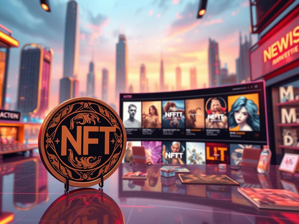 A vibrant and dynamic digital marketplace showcasing a diverse array of artistic NFTs. The foreground features a sleek and stylized 3D render of an NFT token, its intricate designs and vivid colors captivating the viewer. In the middle ground, a fluid and interactive interface displays a selection of NFT artworks, their thumbnails and details. The background depicts a futuristic cityscape, with towering skyscrapers and a vibrant, neon-infused skyline, suggesting the vast potential and global reach of the NFT ecosystem. Warm lighting and a sense of energy and innovation permeate the scene, reflecting the excitement and opportunities inherent in the creation and sale of unique digital art. A vibrant and dynamic digital marketplace showcasing a diverse array of artistic NFTs. The foreground features a sleek and stylized 3D render of an NFT token, its intricate designs and vivid colors captivating the viewer. In the middle ground, a fluid and interactive interface displays a selection of NFT artworks, their thumbnails and details. The background depicts a futuristic cityscape, with towering skyscrapers and a vibrant, neon-infused skyline, suggesting the vast potential and global reach of the NFT ecosystem. Warm lighting and a sense of energy and innovation permeate the scene, reflecting the excitement and opportunities inherent in the creation and sale of unique digital art.