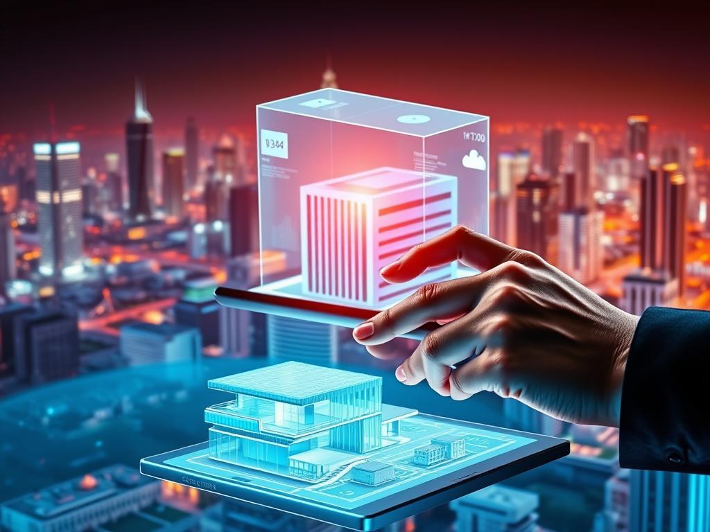 A vibrant, dynamic composition showcasing the process of real estate investment in the digital realm. In the foreground, a person's hands interact with a digital tablet, navigating through investment options and property details. The middle ground features a 3D rendered model of a modern, sleek digital property, its holographic interface displaying key metrics. In the background, a cityscape of futuristic, interconnected virtual buildings and structures, representing the interconnected digital real estate landscape. The lighting is clean and sharp, casting dramatic shadows and highlights to convey a sense of depth and technological sophistication. The overall tone is one of excitement, innovation, and the vast potential of investing in the digital property market. A vibrant, dynamic composition showcasing the process of real estate investment in the digital realm. In the foreground, a person's hands interact with a digital tablet, navigating through investment options and property details. The middle ground features a 3D rendered model of a modern, sleek digital property, its holographic interface displaying key metrics. In the background, a cityscape of futuristic, interconnected virtual buildings and structures, representing the interconnected digital real estate landscape. The lighting is clean and sharp, casting dramatic shadows and highlights to convey a sense of depth and technological sophistication. The overall tone is one of excitement, innovation, and the vast potential of investing in the digital property market.