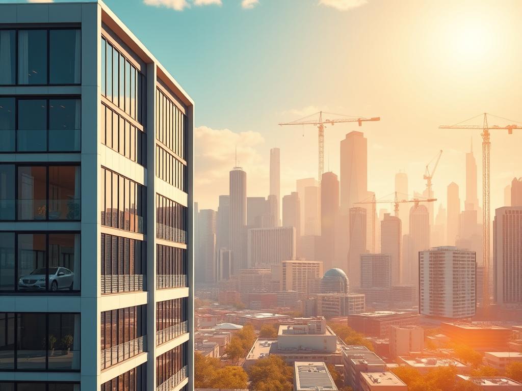 A vibrant, dynamic digital landscape showcasing the advantages of the real estate digital market. In the foreground, a sleek, modern apartment building with clean lines and large windows, reflecting the high-tech aesthetic. The middle ground features a bustling city skyline, with towering skyscrapers and cranes, symbolizing the rapid growth and development in the digital real estate industry. The background is illuminated by a warm, golden glow, creating a sense of opportunity and prosperity. The overall composition conveys a sense of progress, innovation, and the vast potential of the digital real estate market. A vibrant, dynamic digital landscape showcasing the advantages of the real estate digital market. In the foreground, a sleek, modern apartment building with clean lines and large windows, reflecting the high-tech aesthetic. The middle ground features a bustling city skyline, with towering skyscrapers and cranes, symbolizing the rapid growth and development in the digital real estate industry. The background is illuminated by a warm, golden glow, creating a sense of opportunity and prosperity. The overall composition conveys a sense of progress, innovation, and the vast potential of the digital real estate market.