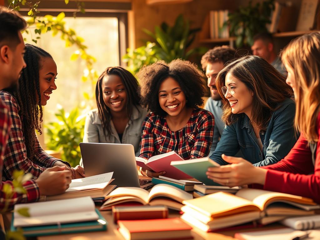A vibrant, dynamic scene of learning and growth. In the foreground, a diverse group of people collaboratively engaged in discussion, their expressions animated and focused. The middle ground features a mix of textbooks, laptops, and other educational materials, conveying a sense of active learning. In the background, a warm, sun-dappled environment with hints of nature, creating a calming and inspirational atmosphere. Warm, soft lighting illuminates the scene, casting a gentle glow and emphasizing the collaborative, personalized nature of the learning process. The overall composition suggests a methodical, needs-driven approach to education, fostering tangible results. A vibrant, dynamic scene of learning and growth. In the foreground, a diverse group of people collaboratively engaged in discussion, their expressions animated and focused. The middle ground features a mix of textbooks, laptops, and other educational materials, conveying a sense of active learning. In the background, a warm, sun-dappled environment with hints of nature, creating a calming and inspirational atmosphere. Warm, soft lighting illuminates the scene, casting a gentle glow and emphasizing the collaborative, personalized nature of the learning process. The overall composition suggests a methodical, needs-driven approach to education, fostering tangible results.