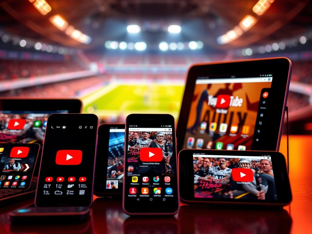 A vibrant, high-resolution image of mobile devices displaying the YouTube interface, showcasing the platform's capabilities for streaming live sports. The foreground features a variety of sleek, contemporary smartphones and tablets, each displaying the YouTube app in an immersive, interactive manner. The middle ground depicts a dynamic, sports-themed background, hinting at the exciting live events available to stream. The lighting is warm and inviting, creating a sense of energy and engagement. The overall composition is balanced and visually appealing, emphasizing the ease and convenience of accessing YouTube's sports content on the go. A vibrant, high-resolution image of mobile devices displaying the YouTube interface, showcasing the platform's capabilities for streaming live sports. The foreground features a variety of sleek, contemporary smartphones and tablets, each displaying the YouTube app in an immersive, interactive manner. The middle ground depicts a dynamic, sports-themed background, hinting at the exciting live events available to stream. The lighting is warm and inviting, creating a sense of energy and engagement. The overall composition is balanced and visually appealing, emphasizing the ease and convenience of accessing YouTube's sports content on the go.
