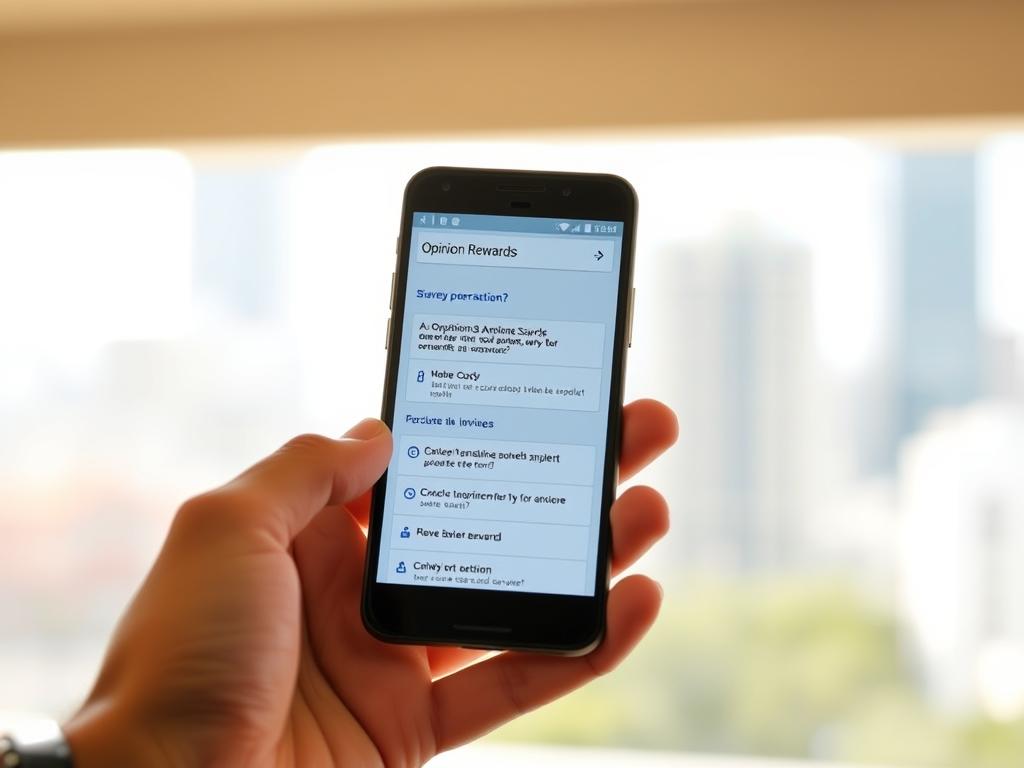 A vibrant mobile device held in hand, the Google Opinion Rewards app displayed prominently on the screen. The foreground features a thoughtful expression, inviting the user to engage with the survey interface. The middle ground showcases a clean, intuitive UI design with survey questions and response options. In the background, a soft, blurred cityscape suggests the broader context of the user's daily life. Warm, natural lighting illuminates the scene, conveying a sense of approachability and user-friendliness. The overall mood is one of active participation, rewarding engagement, and seamless integration into the user's digital lifestyle. A vibrant mobile device held in hand, the Google Opinion Rewards app displayed prominently on the screen. The foreground features a thoughtful expression, inviting the user to engage with the survey interface. The middle ground showcases a clean, intuitive UI design with survey questions and response options. In the background, a soft, blurred cityscape suggests the broader context of the user's daily life. Warm, natural lighting illuminates the scene, conveying a sense of approachability and user-friendliness. The overall mood is one of active participation, rewarding engagement, and seamless integration into the user's digital lifestyle.