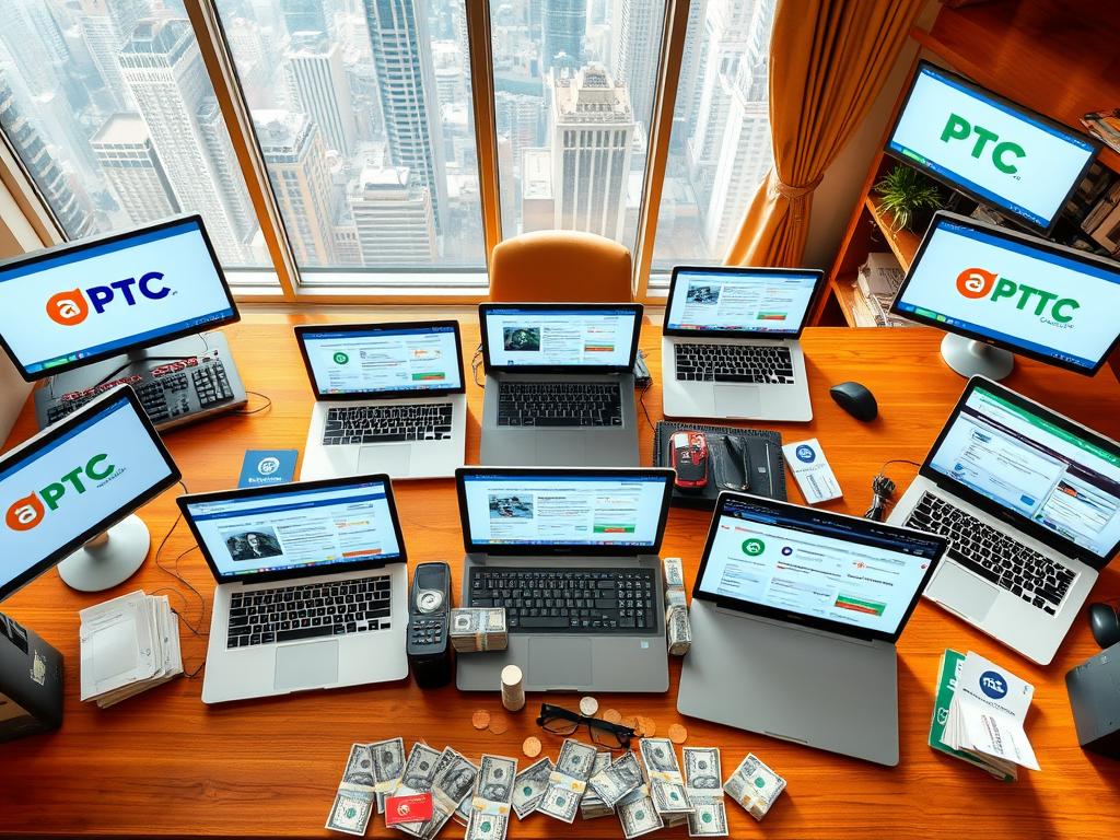 A vibrant, top-down view of a desk showcasing a variety of PTC (pay-to-click) websites, their logos, and key features. The foreground features several open laptop screens displaying different PTC platforms, their dashboards, and earnings trackers. The middle ground includes stacks of dollar bills, coins, and reward cards, symbolizing the payouts received from these sites. The background depicts a warm, cozy office setting with a large window overlooking a bustling cityscape, creating a sense of productivity and financial opportunity. The lighting is soft and natural, casting a welcoming glow over the scene. The overall atmosphere conveys the idea of legitimate, reliable PTC platforms that truly pay their users. A vibrant, top-down view of a desk showcasing a variety of PTC (pay-to-click) websites, their logos, and key features. The foreground features several open laptop screens displaying different PTC platforms, their dashboards, and earnings trackers. The middle ground includes stacks of dollar bills, coins, and reward cards, symbolizing the payouts received from these sites. The background depicts a warm, cozy office setting with a large window overlooking a bustling cityscape, creating a sense of productivity and financial opportunity. The lighting is soft and natural, casting a welcoming glow over the scene. The overall atmosphere conveys the idea of legitimate, reliable PTC platforms that truly pay their users.