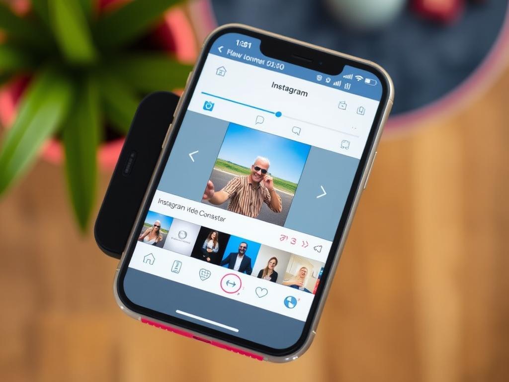 A vibrant, well-lit overhead view of a modern smartphone screen displaying the Instagram video editor interface. The foreground shows a video thumbnail with editing tools and controls across the bottom. The middle ground features a clean, minimalist design with various icons and settings panels. The background subtly blurs out, creating a sense of depth and focus on the central video editing elements. The overall scene conveys a smooth, efficient and visually pleasing Instagram video optimization workflow.