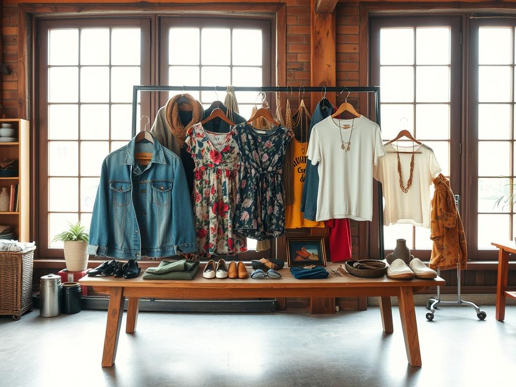 A well-curated selection of vintage clothing items, artfully arranged on a wooden display table. The foreground features a variety of garments, including a denim jacket, a floral dress, and a retro t-shirt, each with a timeless, well-worn charm. The middle ground showcases various accessories like scarves, belts, and jewelry, adding depth and texture to the scene. In the background, a soft, natural light filters through a large window, casting a warm, inviting glow and creating a sense of ambiance. The overall mood is one of effortless style and timeless allure, capturing the essence of a carefully curated vintage clothing collection. A well-curated selection of vintage clothing items, artfully arranged on a wooden display table. The foreground features a variety of garments, including a denim jacket, a floral dress, and a retro t-shirt, each with a timeless, well-worn charm. The middle ground showcases various accessories like scarves, belts, and jewelry, adding depth and texture to the scene. In the background, a soft, natural light filters through a large window, casting a warm, inviting glow and creating a sense of ambiance. The overall mood is one of effortless style and timeless allure, capturing the essence of a carefully curated vintage clothing collection.