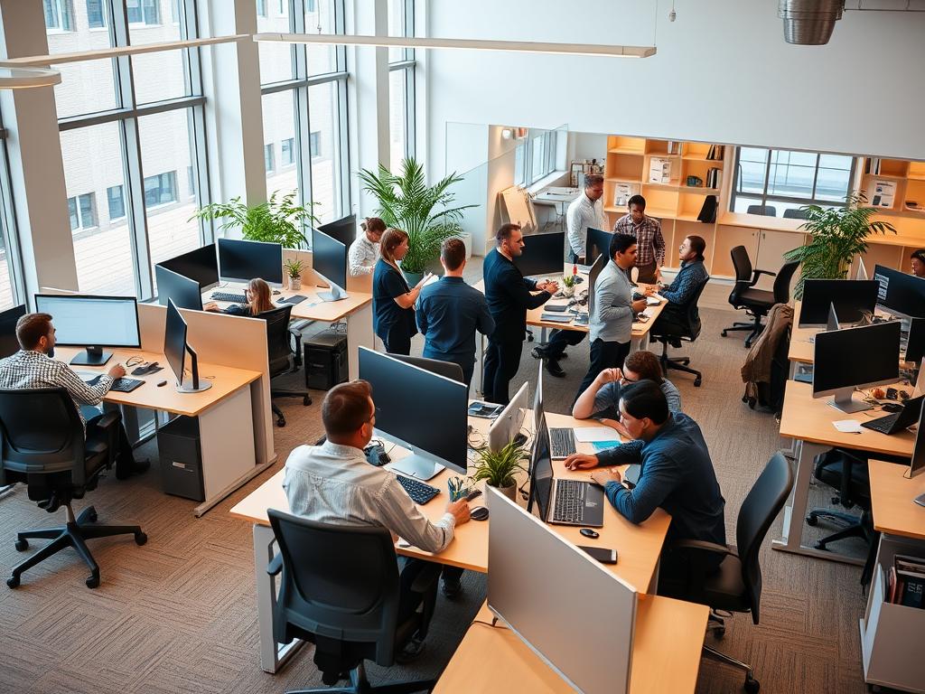 A well-equipped office setting with flexible workstations and desks, allowing for efficient teamwork and collaborative activities. The space is brightly lit, with large windows allowing natural light to flood the room. The furniture is modern and ergonomic, with adjustable standing desks and comfortable chairs. Team members are seen working together, some at their desks and others gathered around a central meeting table, discussing projects and exchanging ideas. The overall atmosphere is productive and dynamic, reflecting the flexibility and availability of the team to support the company's needs. A well-equipped office setting with flexible workstations and desks, allowing for efficient teamwork and collaborative activities. The space is brightly lit, with large windows allowing natural light to flood the room. The furniture is modern and ergonomic, with adjustable standing desks and comfortable chairs. Team members are seen working together, some at their desks and others gathered around a central meeting table, discussing projects and exchanging ideas. The overall atmosphere is productive and dynamic, reflecting the flexibility and availability of the team to support the company's needs.