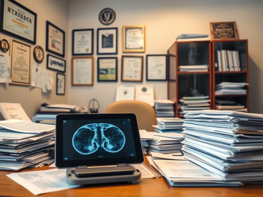 A well-lit, detailed medical office setting with a cluttered desk covered in stacks of documents, patient records, and medical files. In the foreground, a tablet displays an x-ray or MRI scan. On the wall, various certifications and degrees are prominently displayed. Soft, warm lighting casts a professional, authoritative atmosphere. The overall scene conveys the complex, technical nature of medical translation work, with a focus on the diverse documentation involved. A well-lit, detailed medical office setting with a cluttered desk covered in stacks of documents, patient records, and medical files. In the foreground, a tablet displays an x-ray or MRI scan. On the wall, various certifications and degrees are prominently displayed. Soft, warm lighting casts a professional, authoritative atmosphere. The overall scene conveys the complex, technical nature of medical translation work, with a focus on the diverse documentation involved.