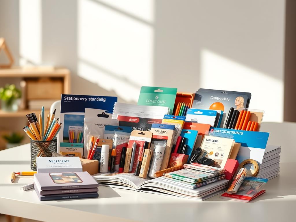 A well-lit, high-resolution image of a neatly organized catalog of various stationery products. The catalog is displayed on a clean, minimalist table, with a warm, inviting atmosphere. The products are showcased with attention to detail, highlighting their quality and variety, including trusted brand names. The lighting casts soft shadows, creating depth and emphasizing the textures of the items. The overall composition conveys a sense of professionalism, reliability, and a wide selection of reliable stationery supplies.