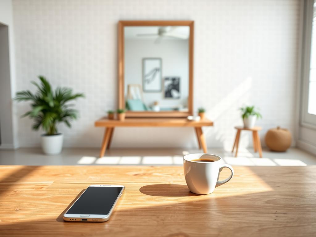 A well-lit, modern interior with a minimalist aesthetic. In the foreground, a wooden table displays a smartphone and a cup of coffee, conveying a casual, relaxed atmosphere. The middle ground features a large, framed wall mirror, reflecting the scene and creating a sense of depth. In the background, a white brick wall serves as a clean, uncluttered backdrop, allowing the central elements to stand out. The lighting is soft and natural, creating a warm, inviting ambiance. The overall composition suggests a post-Instagram era, where the focus has shifted from curated social media content to a more authentic, immersive, and visually appealing presentation of everyday moments. A well-lit, modern interior with a minimalist aesthetic. In the foreground, a wooden table displays a smartphone and a cup of coffee, conveying a casual, relaxed atmosphere. The middle ground features a large, framed wall mirror, reflecting the scene and creating a sense of depth. In the background, a white brick wall serves as a clean, uncluttered backdrop, allowing the central elements to stand out. The lighting is soft and natural, creating a warm, inviting ambiance. The overall composition suggests a post-Instagram era, where the focus has shifted from curated social media content to a more authentic, immersive, and visually appealing presentation of everyday moments.