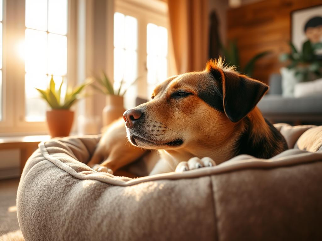 A well-rested dog relaxing on a soft, plush dog bed in a cozy, sunlit room. Warm afternoon light filters in through large windows, casting a gentle glow on the dog's fur. The dog's head is peacefully rested, eyes closed, as it enjoys a tranquil moment of rest and rejuvenation. The room is tastefully decorated with natural elements, like potted plants and wooden accents, creating a serene, calming atmosphere. The scene conveys the benefits of a stress-free, comfortable environment for a dog's wellbeing while on a journey or trip, as would be provided by DogHero's pet care services. A well-rested dog relaxing on a soft, plush dog bed in a cozy, sunlit room. Warm afternoon light filters in through large windows, casting a gentle glow on the dog's fur. The dog's head is peacefully rested, eyes closed, as it enjoys a tranquil moment of rest and rejuvenation. The room is tastefully decorated with natural elements, like potted plants and wooden accents, creating a serene, calming atmosphere. The scene conveys the benefits of a stress-free, comfortable environment for a dog's wellbeing while on a journey or trip, as would be provided by DogHero's pet care services.