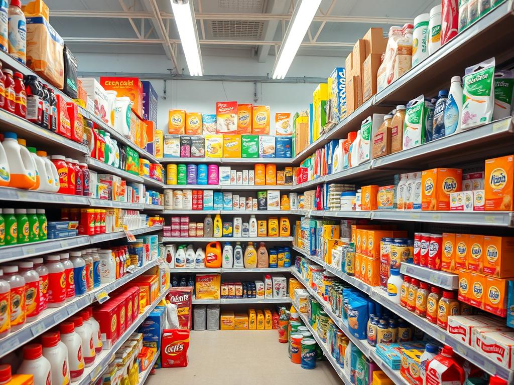 A well-stocked store display of various mass consumer products, showcasing a diverse array of household items, personal care products, and everyday essentials. The scene is brightly lit, casting a warm and inviting glow over the neatly arranged shelves. The camera angle is slightly elevated, providing a panoramic view that captures the depth and breadth of the product selection. The items are presented in an organized and visually appealing manner, with clear product categories and attractive packaging design. The overall atmosphere evokes a sense of abundance, convenience, and the accessibility of a thriving e-commerce marketplace.