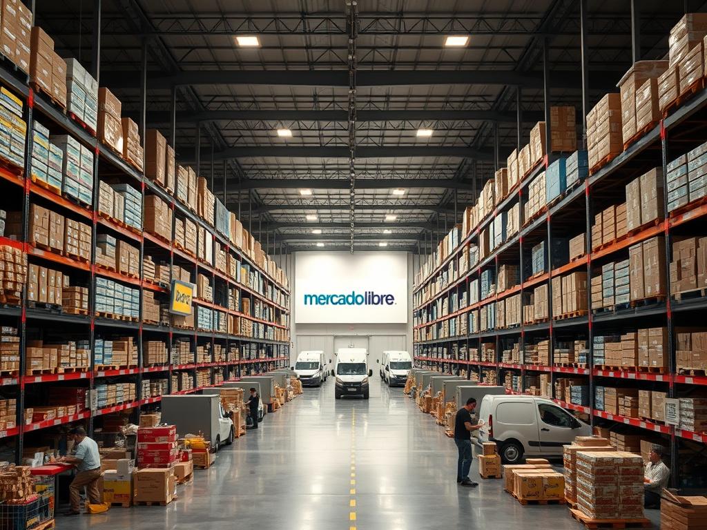 An expansive, well-lit warehouse interior with towering shelves stocked with a diverse array of products, representing the extensive inventory and logistics capabilities of Mercado Libre. In the foreground, a team of warehouse workers efficiently processing and preparing orders, showcasing the streamlined fulfillment processes. In the middle ground, a fleet of delivery vehicles awaits, ready to transport the packages to customers' doorsteps, symbolizing the reliable and extensive shipping network. The background features the Mercado Libre branding and signage, establishing the setting as the company's logistical hub. The scene conveys a sense of scale, efficiency, and the integrated ecosystem that enables sellers to seamlessly reach and serve their customers.