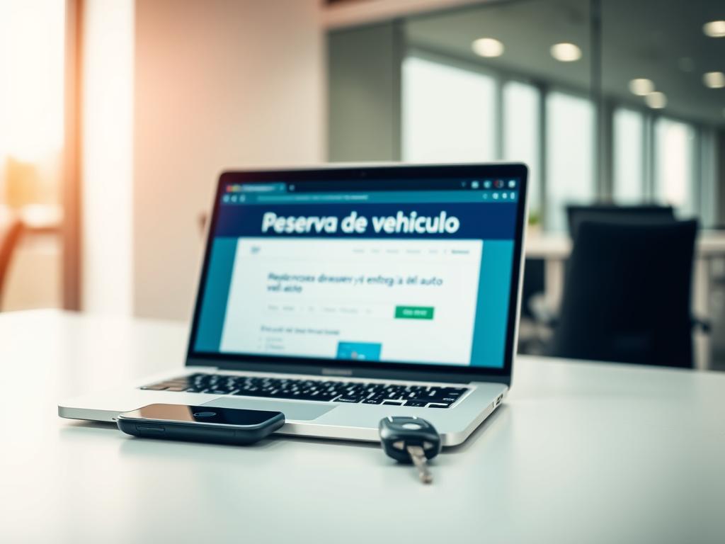 An office desk with a laptop, a smartphone, and a car key placed on top. The laptop screen displays a web page titled "Proceso de reserva de vehículo". The lighting is soft and warm, creating a welcoming and professional atmosphere. The camera angle is slightly elevated, giving a clear view of the desk and its contents. The background is blurred, but suggests a modern, well-appointed office space. The overall scene conveys the process of reserving a vehicle, alluding to the "Proceso de reserva y entrega del auto" section of the article. An office desk with a laptop, a smartphone, and a car key placed on top. The laptop screen displays a web page titled "Proceso de reserva de vehículo". The lighting is soft and warm, creating a welcoming and professional atmosphere. The camera angle is slightly elevated, giving a clear view of the desk and its contents. The background is blurred, but suggests a modern, well-appointed office space. The overall scene conveys the process of reserving a vehicle, alluding to the "Proceso de reserva y entrega del auto" section of the article.