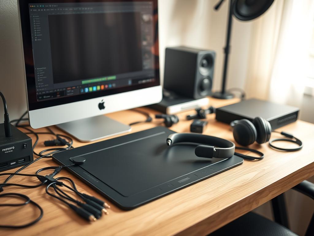An organized desk with a variety of professional video editing tools and equipment, including a high-end desktop computer, a graphics tablet, a pair of studio headphones, and various cables and connectors. The lighting is soft and natural, creating a warm, productive atmosphere. The camera angle is slightly elevated, giving a birds-eye view of the setup, emphasizing the thoughtful arrangement of the tools. The background is blurred, keeping the focus on the detailed foreground elements that reflect the technical and creative nature of video editing.