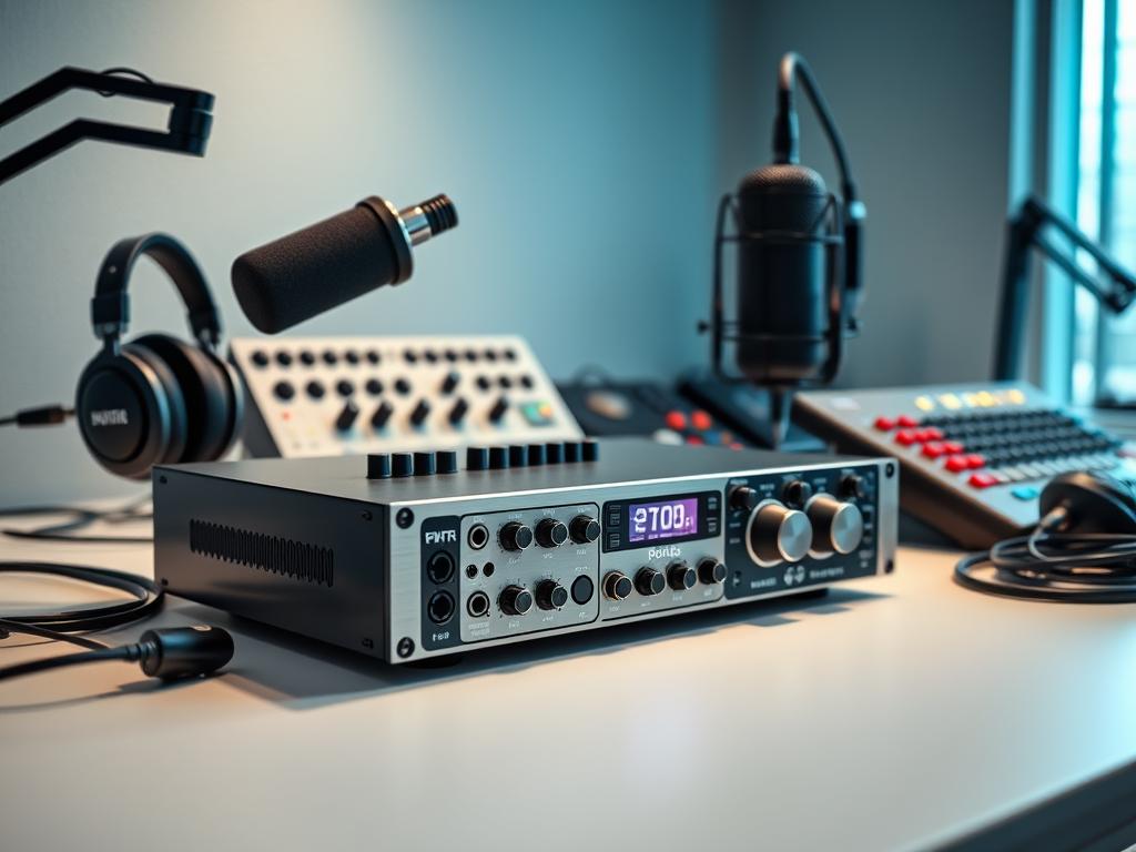 a high-end professional audio interface with various input/output ports, knobs, and meters, positioned on a sleek, minimalist desk in a well-lit, modern recording studio. The interface has a brushed metal chassis, backlit display, and premium audio components. Surrounding the interface are other essential podcast hardware like a condenser microphone, headphones, and a MIDI controller, all arranged in an aesthetically pleasing layout. The lighting is soft, diffused, and highlights the textures and materials of the equipment. The overall mood is one of creativity, focus, and high-quality audio production.