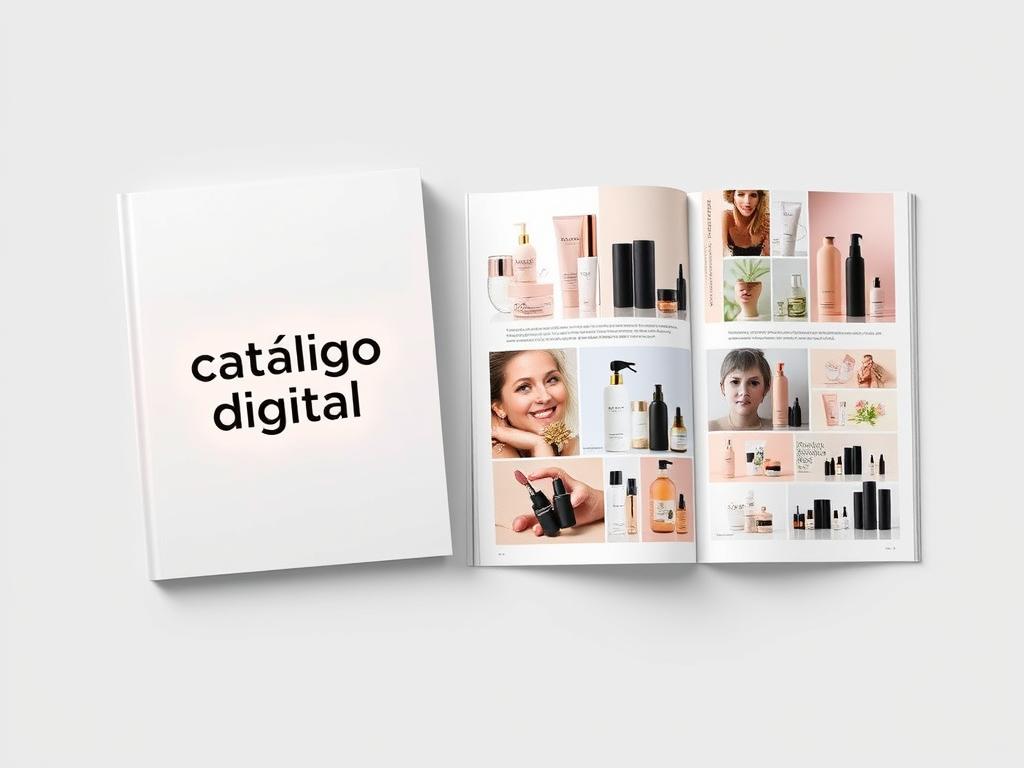 A beautifully designed digital catalog, with a sleek and modern layout. The cover features a clean and minimalist design, with a soft, warm lighting illuminating the title "catálogo digital" against a neutral background. The inside pages showcase high-quality images of a variety of beauty products, arranged in an organized and visually appealing manner. The overall aesthetic evokes a sense of sophistication and professionalism, reflecting the care and attention to detail that has been put into creating this digital sales tool.