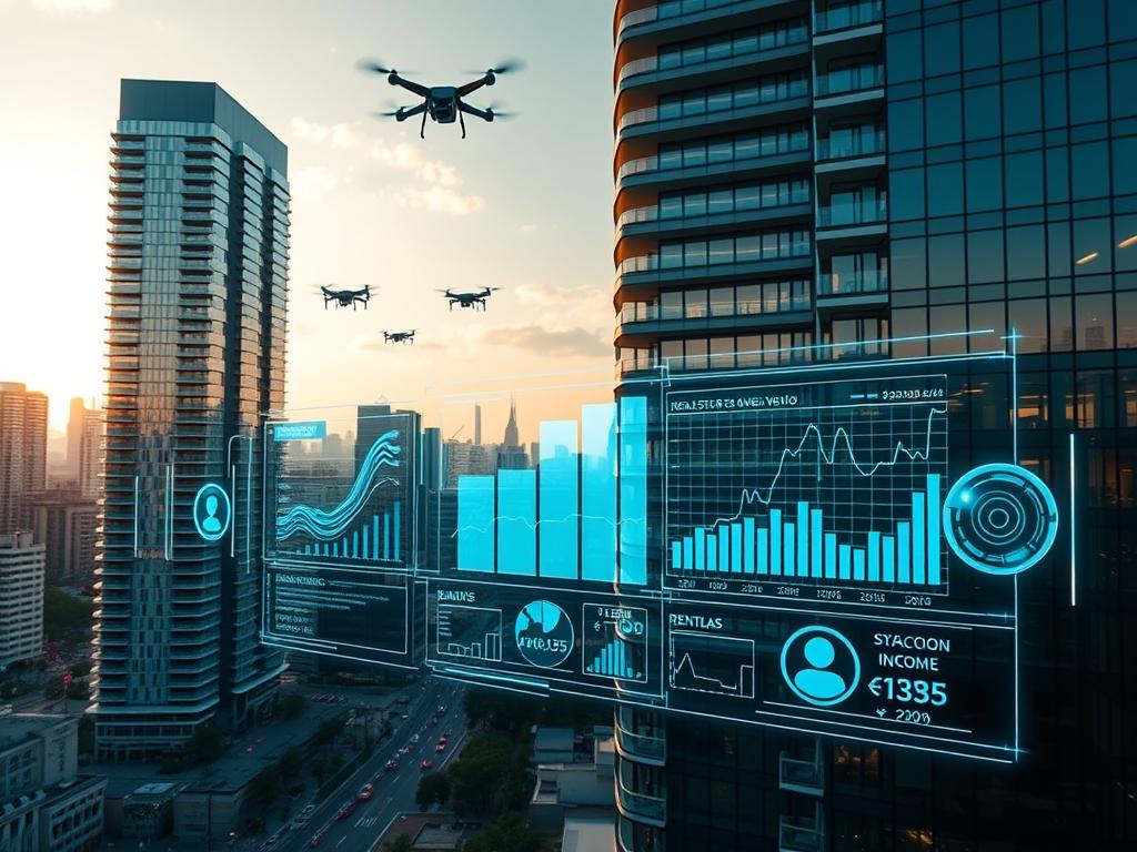 A breathtaking digital real estate investment scene. A sleek, modern apartment complex stands tall, its glass facades reflecting the vibrant cityscape in the background. Drones soar overhead, surveying the bustling streets below. In the foreground, a holographic interface displays intricate real-time data, showcasing the property's value, rental income, and occupancy rates. The lighting is crisp and dramatic, casting sharp shadows and highlighting the clean, futuristic architectural lines. The overall atmosphere conveys a sense of technological innovation, financial opportunity, and the seamless integration of the physical and digital realms within the real estate industry. A breathtaking digital real estate investment scene. A sleek, modern apartment complex stands tall, its glass facades reflecting the vibrant cityscape in the background. Drones soar overhead, surveying the bustling streets below. In the foreground, a holographic interface displays intricate real-time data, showcasing the property's value, rental income, and occupancy rates. The lighting is crisp and dramatic, casting sharp shadows and highlighting the clean, futuristic architectural lines. The overall atmosphere conveys a sense of technological innovation, financial opportunity, and the seamless integration of the physical and digital realms within the real estate industry.