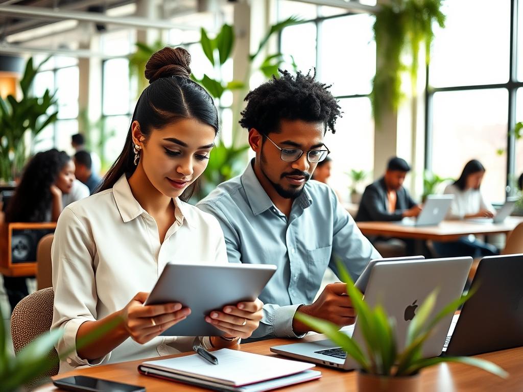 A bustling digital workspace featuring diverse professionals of various ethnicities engaged in microtasks using laptops and tablets. In the foreground, a young woman in professional attire, intently reviewing data on her device, while a middle-aged man beside her makes notes on a notepad. The middle ground showcases a modern office environment with biophilic design elements like indoor plants and natural light streaming through large windows, creating a vibrant and inviting atmosphere. In the background, other workers collaborate at shared tables, depicting a sense of community. Use soft, natural lighting to enhance focus on each individual, with a slight depth of field to foreground the professionals while softly blurring the background. The overall mood conveys productivity, flexibility, and innovation in remote work culture. A bustling digital workspace featuring diverse professionals of various ethnicities engaged in microtasks using laptops and tablets. In the foreground, a young woman in professional attire, intently reviewing data on her device, while a middle-aged man beside her makes notes on a notepad. The middle ground showcases a modern office environment with biophilic design elements like indoor plants and natural light streaming through large windows, creating a vibrant and inviting atmosphere. In the background, other workers collaborate at shared tables, depicting a sense of community. Use soft, natural lighting to enhance focus on each individual, with a slight depth of field to foreground the professionals while softly blurring the background. The overall mood conveys productivity, flexibility, and innovation in remote work culture.