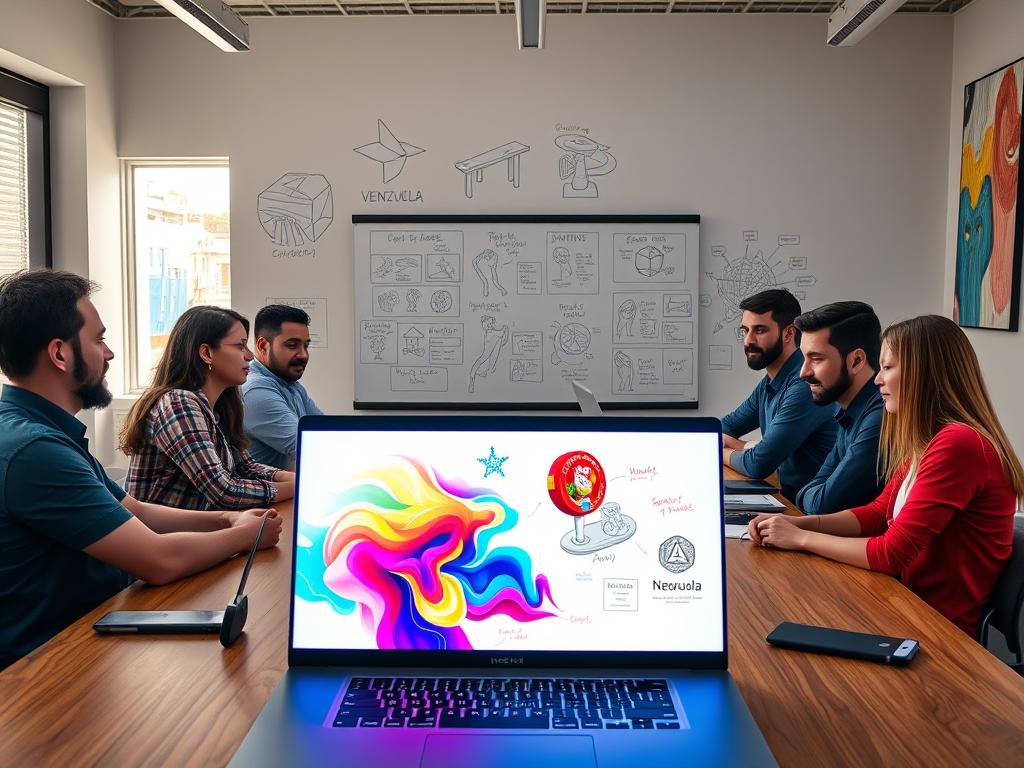 A bustling digital workspace focused on the minting of NFTs, featuring a diverse group of professionals collaborating at a sleek wooden table. In the foreground, a laptop displaying a vibrant digital artwork on an NFT platform, with colorful graphics illuminating the screen. The middle ground showcases a large digital whiteboard filled with brainstorming sketches of various art styles and NFT concepts. Bright, natural light streams in from a large window, creating a warm and inspiring atmosphere. In the background, wall art that reflects Venezuelan culture, adding a unique touch to the scene. The overall mood is dynamic and creative, emphasizing collaboration and innovation in the world of digital art and NFTs. A bustling digital workspace focused on the minting of NFTs, featuring a diverse group of professionals collaborating at a sleek wooden table. In the foreground, a laptop displaying a vibrant digital artwork on an NFT platform, with colorful graphics illuminating the screen. The middle ground showcases a large digital whiteboard filled with brainstorming sketches of various art styles and NFT concepts. Bright, natural light streams in from a large window, creating a warm and inspiring atmosphere. In the background, wall art that reflects Venezuelan culture, adding a unique touch to the scene. The overall mood is dynamic and creative, emphasizing collaboration and innovation in the world of digital art and NFTs.