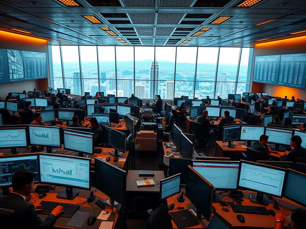 A bustling trading floor with rows of computer terminals and active traders, lit by the warm glow of overhead lighting. In the foreground, sleek, modern trading platforms with intuitive interfaces and real-time data displays. In the middle ground, a panoramic view of the cityscape through large windows, showcasing the vibrant financial district. The atmosphere is one of focused intensity, with a touch of professional elegance, capturing the essence of investing in indexed funds in Peru.