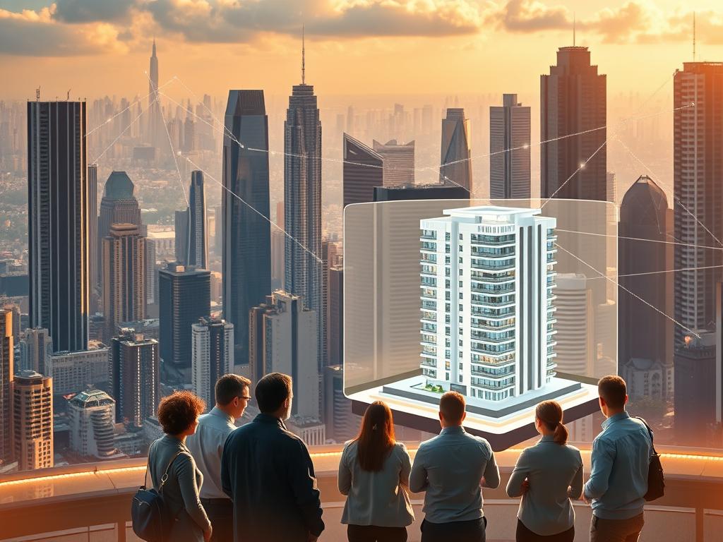 A bustling urban landscape, with towering skyscrapers reaching towards the sky. In the foreground, a group of people gathered around a sleek, holographic display, deep in discussion. The display showcases a 3D model of a high-rise residential complex, its clean lines and modern design reflecting the latest advancements in digital real estate. The scene is bathed in a warm, golden light, creating a sense of optimism and opportunity. In the background, a network of digital pathways and data streams weave through the cityscape, representing the interconnected world of digital investments. The overall atmosphere conveys the excitement and potential of real estate investments in the digital age. A bustling urban landscape, with towering skyscrapers reaching towards the sky. In the foreground, a group of people gathered around a sleek, holographic display, deep in discussion. The display showcases a 3D model of a high-rise residential complex, its clean lines and modern design reflecting the latest advancements in digital real estate. The scene is bathed in a warm, golden light, creating a sense of optimism and opportunity. In the background, a network of digital pathways and data streams weave through the cityscape, representing the interconnected world of digital investments. The overall atmosphere conveys the excitement and potential of real estate investments in the digital age.