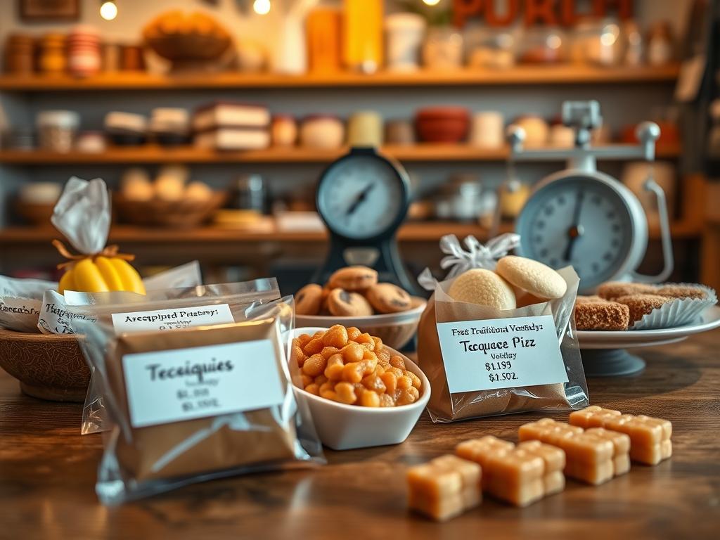 A carefully arranged display of traditional Venezuelan sweets, such as arequipe, cocadas, and tequeños, artistically placed on a wooden table. In the foreground, delicate packaging with price tags showcasing reasonable prices, emphasizing accessibility. The midground features a scale illustrating weights for shipping options, subtly highlighting free shipping incentives. In the background, a cozy Etsy-style shop setting with soft, warm lighting, creating an inviting atmosphere. Use a shallow depth of field to draw attention to the sweets while softly blurring the background. Capture this scene with a close-up perspective, focusing on the textures of the sweets and the colorful packaging, evoking a sense of delight and authenticity. A carefully arranged display of traditional Venezuelan sweets, such as arequipe, cocadas, and tequeños, artistically placed on a wooden table. In the foreground, delicate packaging with price tags showcasing reasonable prices, emphasizing accessibility. The midground features a scale illustrating weights for shipping options, subtly highlighting free shipping incentives. In the background, a cozy Etsy-style shop setting with soft, warm lighting, creating an inviting atmosphere. Use a shallow depth of field to draw attention to the sweets while softly blurring the background. Capture this scene with a close-up perspective, focusing on the textures of the sweets and the colorful packaging, evoking a sense of delight and authenticity.