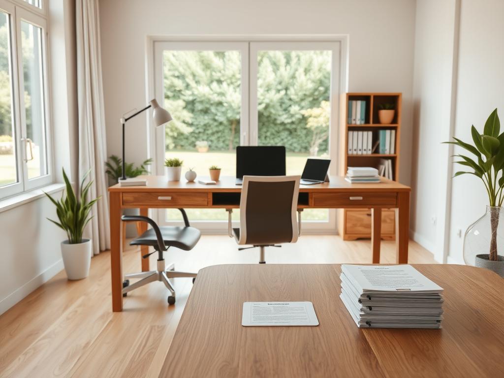 A clean, modern home office with a large wooden desk, a comfortable chair, and a neatly organized workspace. On the desk, there is a laptop, a tablet, and a stack of papers, representing the different tasks and agreements related to childcare. The room is filled with natural light, creating a warm and inviting atmosphere. In the background, a large window overlooks a peaceful garden, symbolizing the clarity and tranquility of the childcare agreements. The overall scene conveys a sense of professionalism, organization, and attention to detail, reflecting the "Acuerdos claros" (Clear Agreements) theme. A clean, modern home office with a large wooden desk, a comfortable chair, and a neatly organized workspace. On the desk, there is a laptop, a tablet, and a stack of papers, representing the different tasks and agreements related to childcare. The room is filled with natural light, creating a warm and inviting atmosphere. In the background, a large window overlooks a peaceful garden, symbolizing the clarity and tranquility of the childcare agreements. The overall scene conveys a sense of professionalism, organization, and attention to detail, reflecting the "Acuerdos claros" (Clear Agreements) theme.