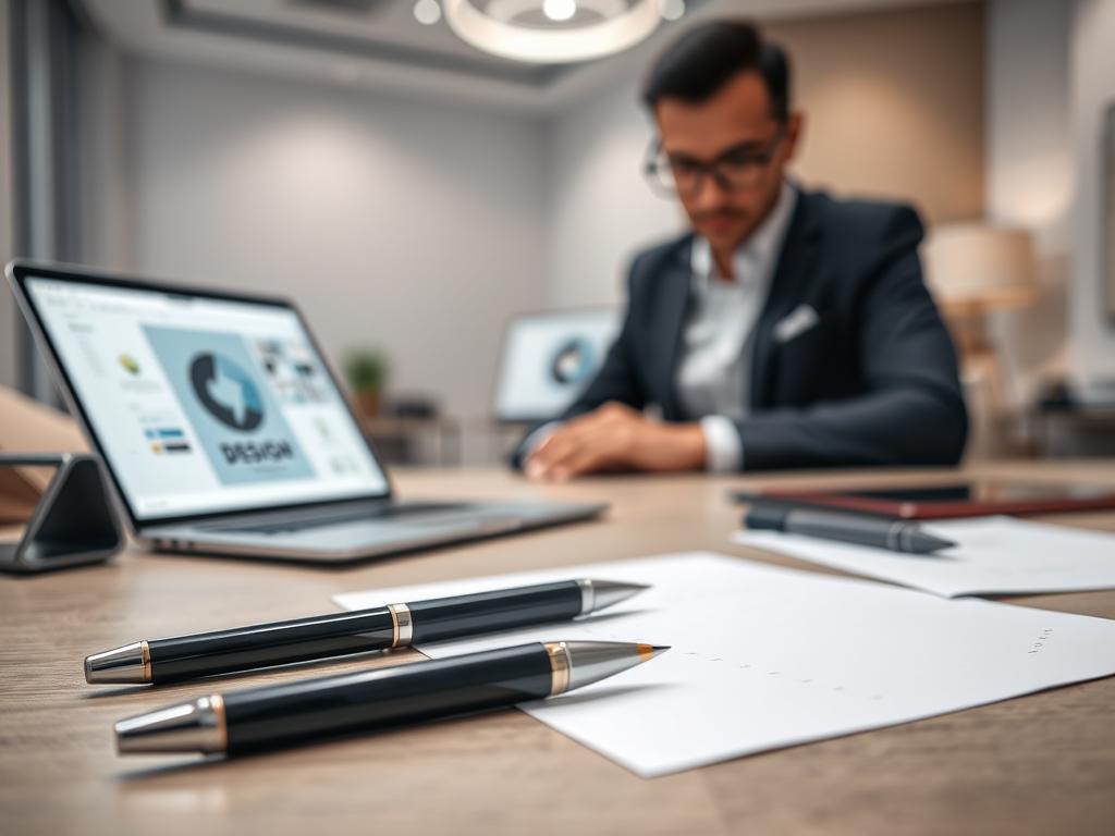 A clean, modern logo mockup on a professional businessman's desk. In the foreground, a high-quality pen and neatly organized stationery items. The middle ground features a laptop displaying a digital design interface, with a tablet stylus nearby. In the background, a minimalist office setting with elegant decor and soft, indirect lighting. The overall scene conveys a sense of efficiency, attention to detail, and effective communication between the client and the designer. A clean, modern logo mockup on a professional businessman's desk. In the foreground, a high-quality pen and neatly organized stationery items. The middle ground features a laptop displaying a digital design interface, with a tablet stylus nearby. In the background, a minimalist office setting with elegant decor and soft, indirect lighting. The overall scene conveys a sense of efficiency, attention to detail, and effective communication between the client and the designer.